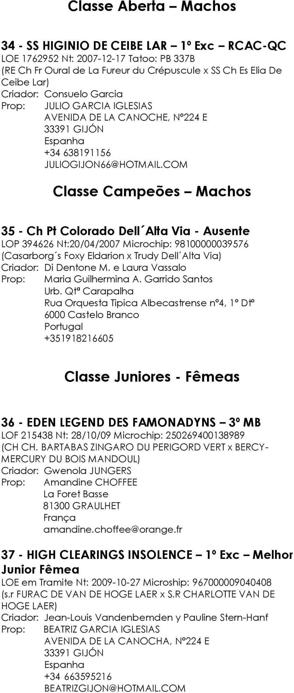 COM Classe Campeões Machos 35 - Ch Pt Colorado Dell Alta Via - Ausente LOP 394626 Nt:20/04/2007 Microchip: 98100000039576 (Casarborg s Foxy Eldarion x Trudy Dell Alta Via) Criador: Di Dentone M.