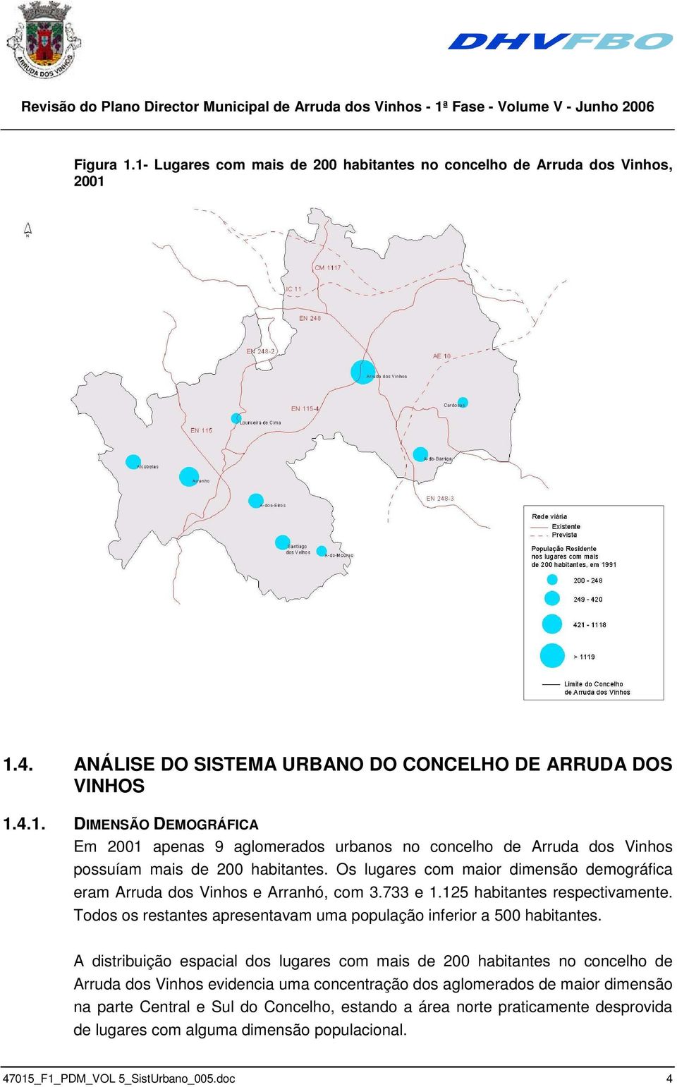 A distribuição espacial dos lugares com mais de 200 habitantes no concelho de Arruda dos Vinhos evidencia uma concentração dos aglomerados de maior dimensão na parte Central e Sul do Concelho,