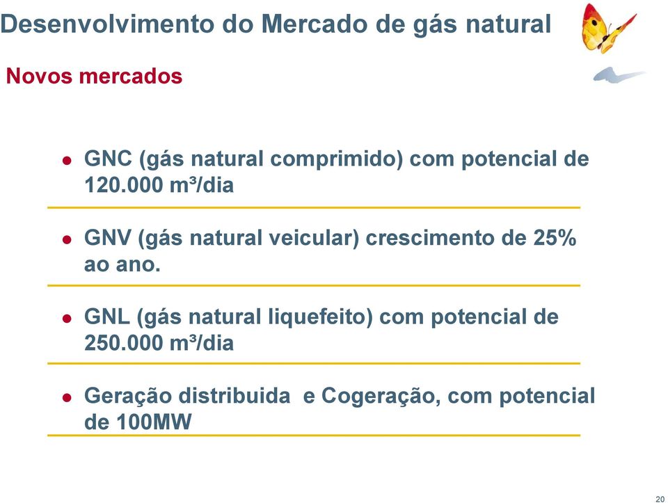 000 m³/dia GNV (gás natural veicular) crescimento de 25% ao ano.