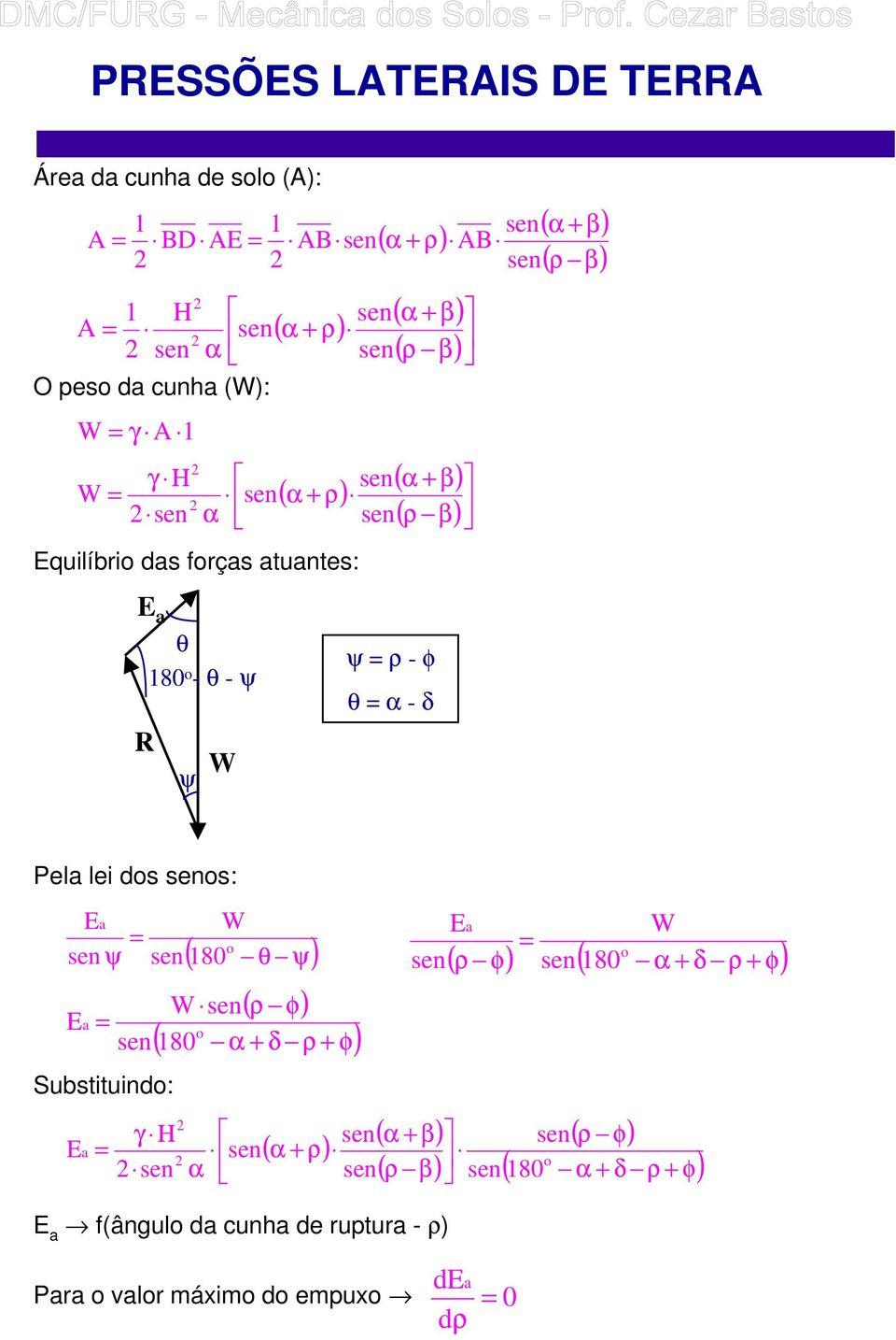 Pel lei dos os: E W ψ 180 E Substituindo: E W 180 o γ Η o ( θ ψ) ( ρ ) ( α + δ ρ + ) α ( α + ρ) E ( α + β) ( ρ β) E