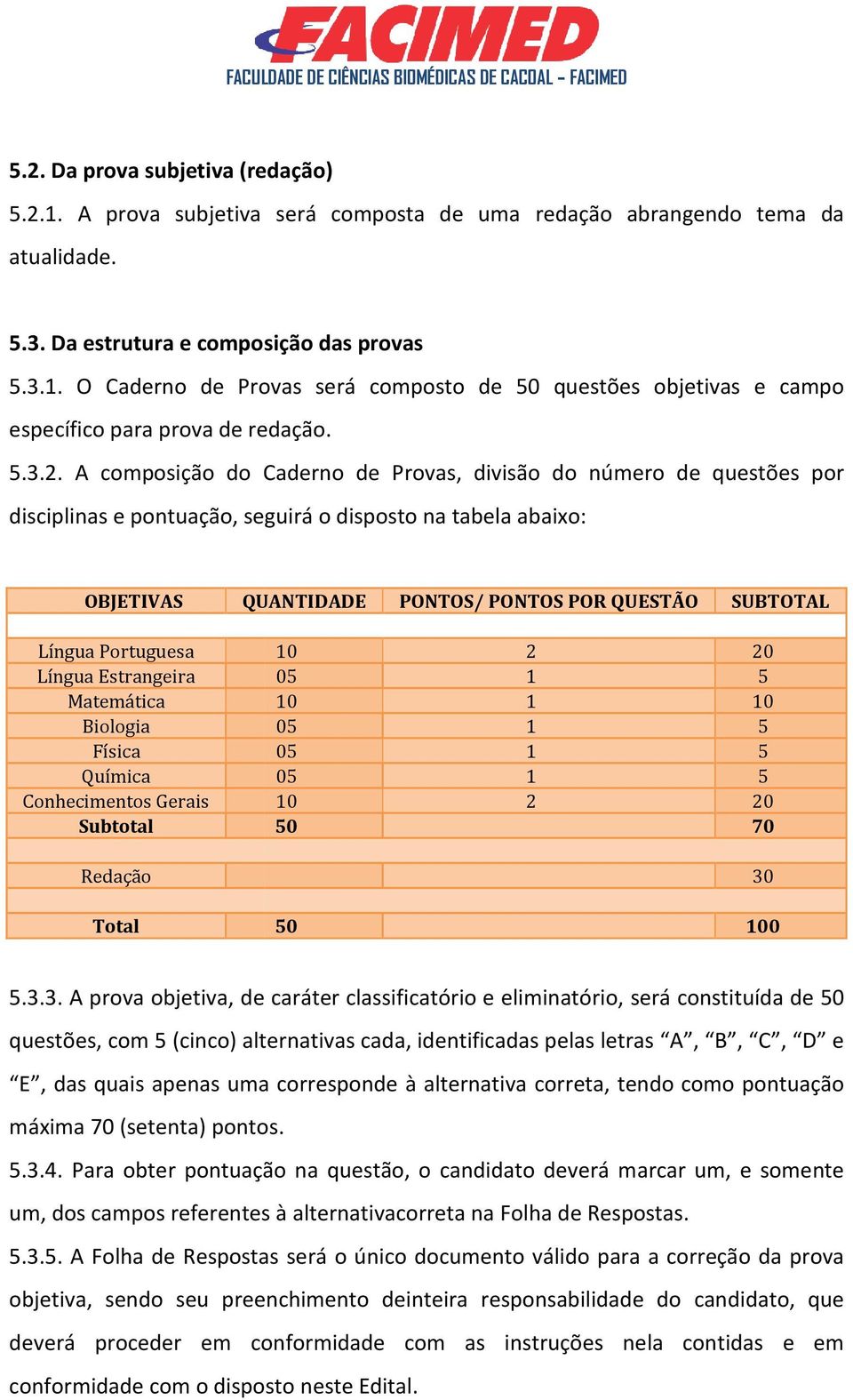 A composição do Caderno de Provas, divisão do número de questões por disciplinas e pontuação, seguirá o disposto na tabela abaixo: OBJETIVAS QUANTIDADE PONTOS/ PONTOS POR QUESTÃO SUBTOTAL Língua