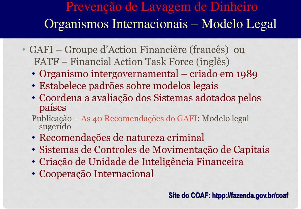 adotados pelos países Publicação As 40 Recomendações do GAFI: Modelo legal sugerido Recomendações de natureza criminal Sistemas de