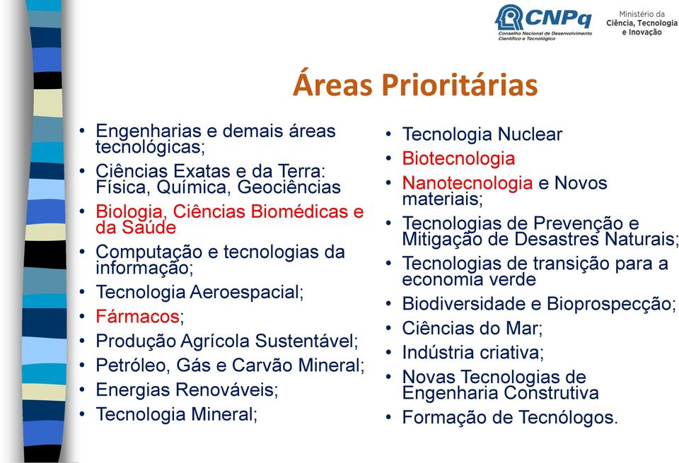 Tecnologia Mineral; Tecnologia Nuclear Biotecnologia Nanotecnologia e Novos materiais; Tecnologias de Prevenção e Mitigação de Desastres Naturais; Tecnologias de