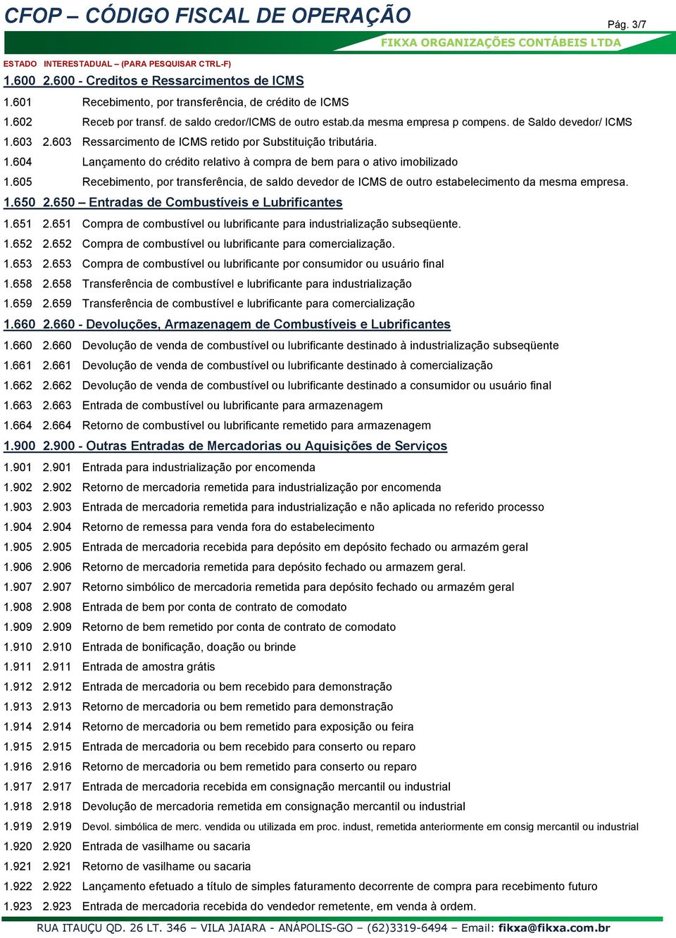 605 Recebimento, por transferência, de saldo devedor de ICMS de outro estabelecimento da mesma empresa. 1.650 2.650 Entradas de Combustíveis e Lubrificantes 1.651 2.