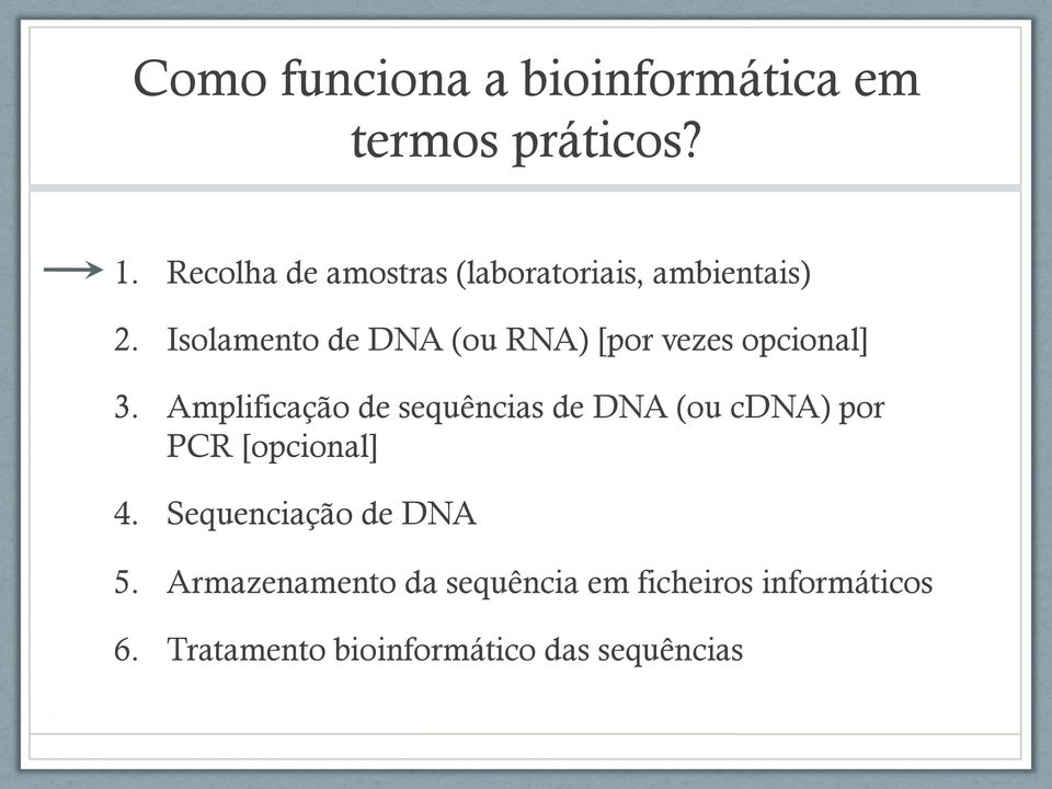 Isolamento de DNA (ou RNA) [por vezes opcional] 3.