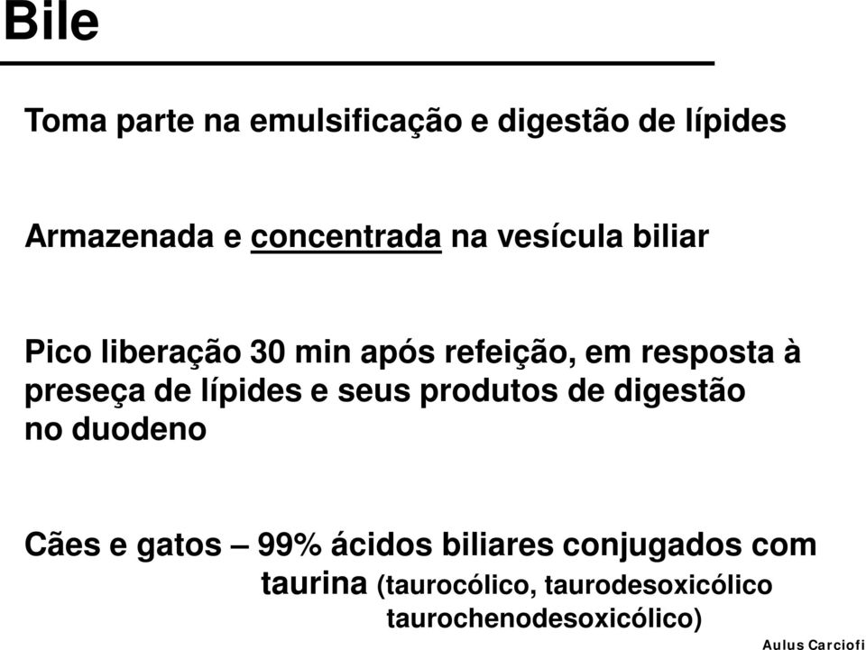 de lípides e seus produtos de digestão no duodeno Cães e gatos 99% ácidos