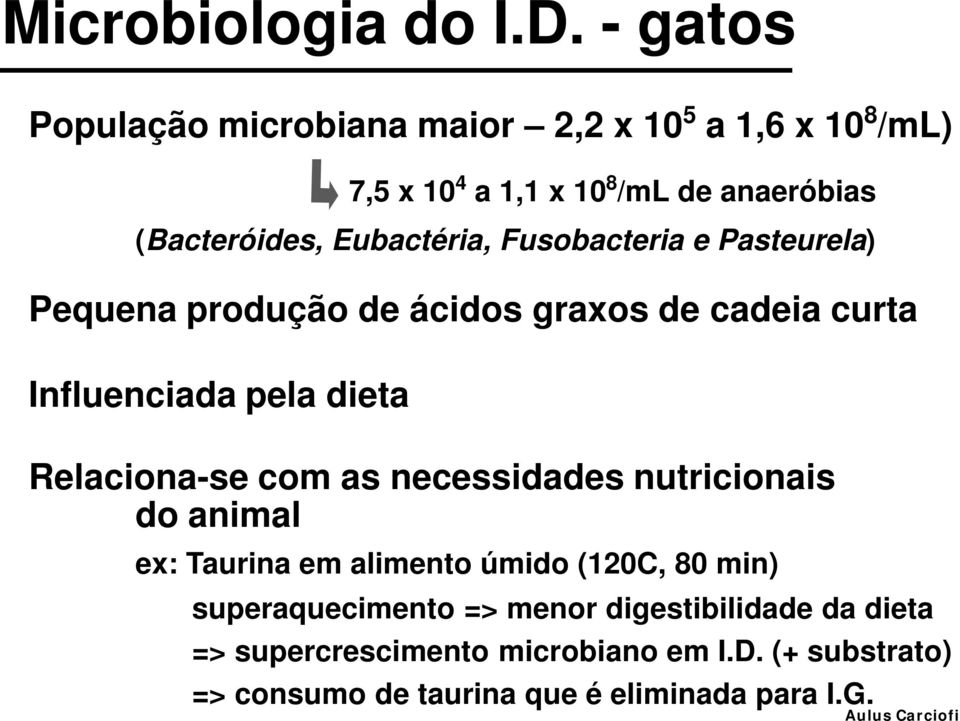 Eubactéria, Fusobacteria e Pasteurela) Pequena produção de ácidos graxos de cadeia curta Influenciada pela dieta Relaciona-se