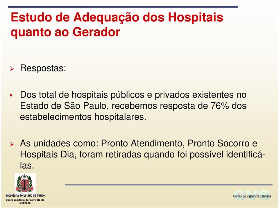 resposta de 76% dos estabelecimentos hospitalares.