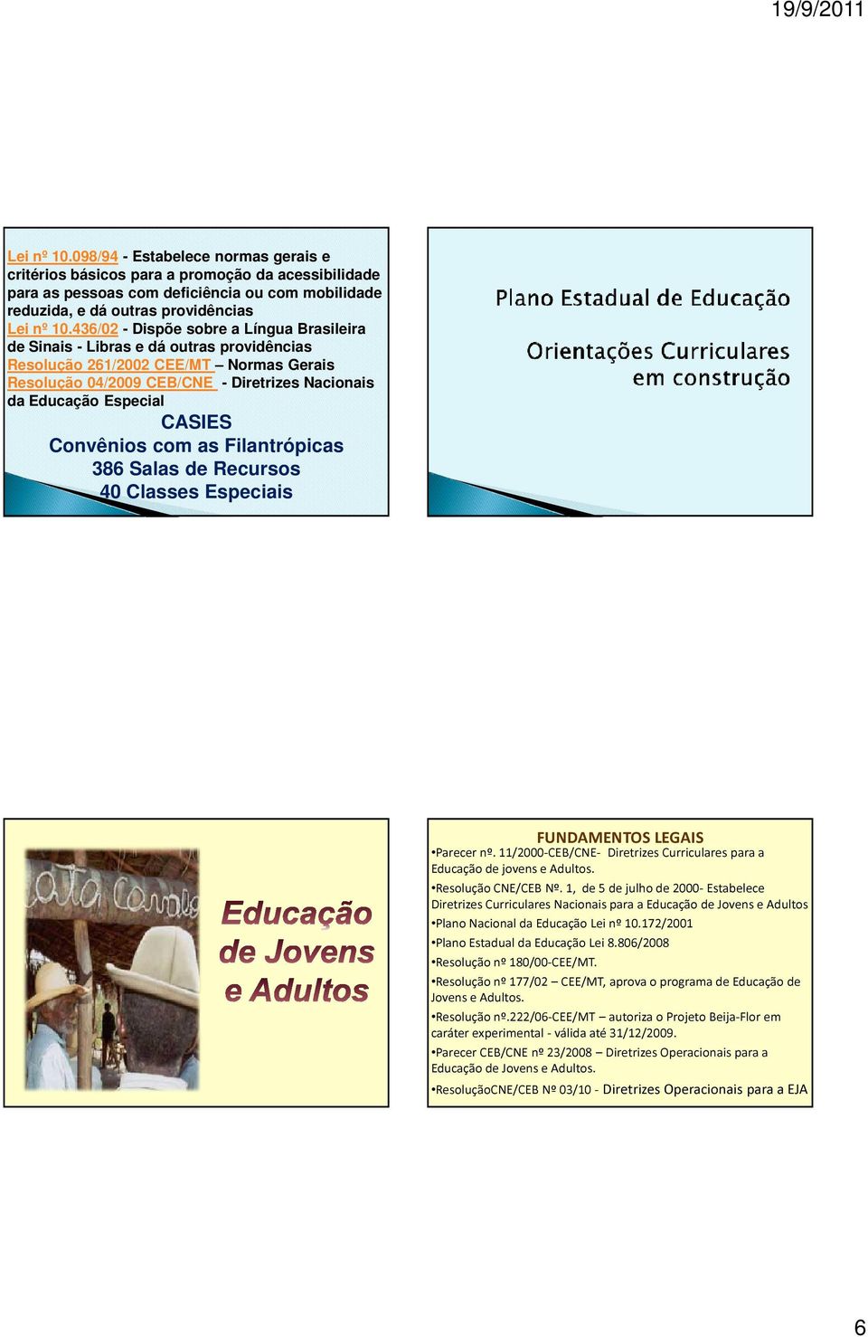 CASIES Convênios com as Filantrópicas 386 Salas de Recursos 40 Classes Especiais FUNDAMENTOS LEGAIS Parecer nº. 11/2000-CEB/CNE- Diretrizes Curriculares para a Educação de jovens e Adultos.