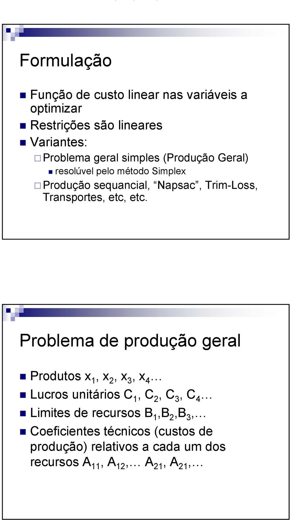 etc. Problema de produção geral Produtos x 1, x 2, x 3, x 4 Lucros unitários C 1, C 2, C 3, C 4 Limites de