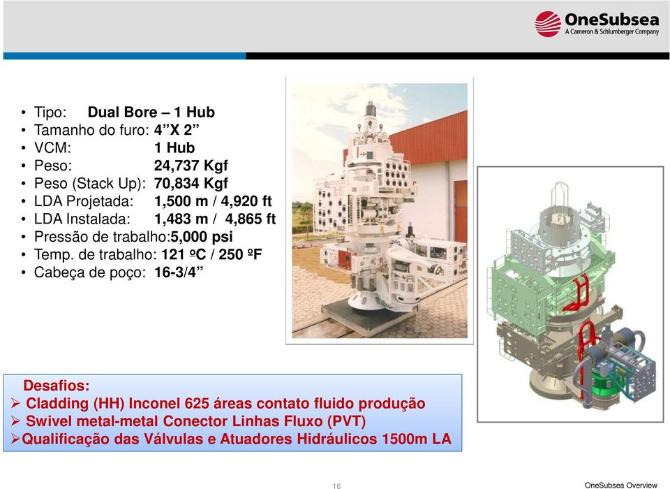 de trabalho: 121 o C / 250 ºF Cabeça de poço: 16-3/4 Desafios: Cladding (HH) Inconel 625 áreas contato fluido