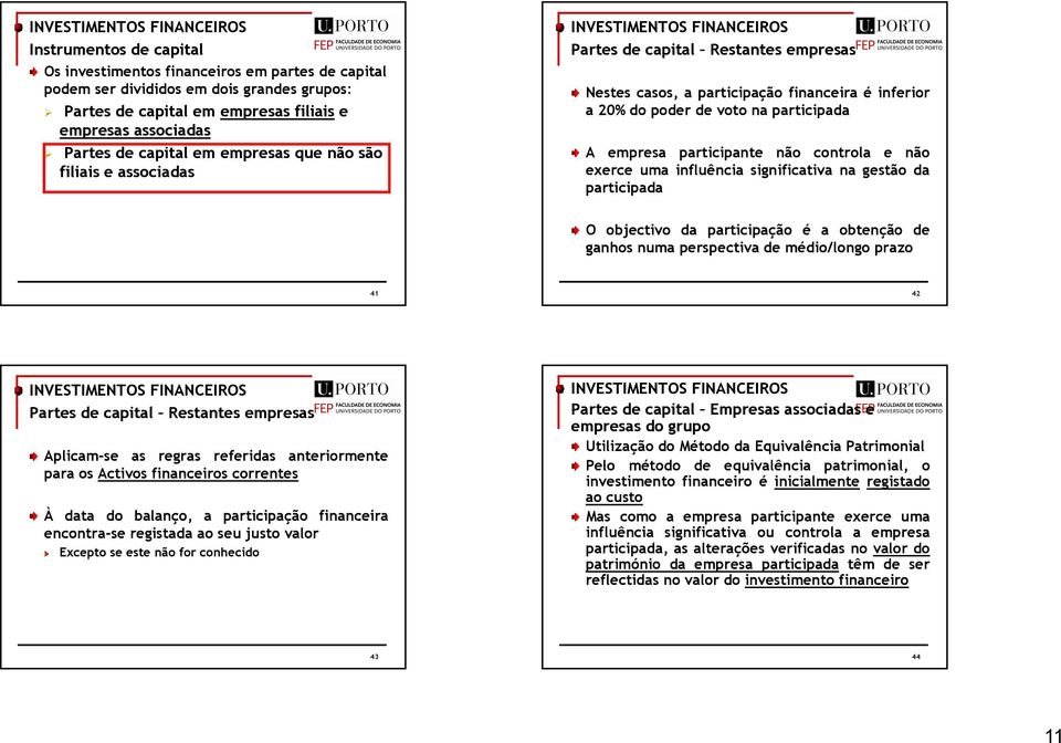 controla e não exerce uma influência significativa na gestão da participada O objectivo da participação é a obtenção de ganhos numa perspectiva de médio/longo prazo 41 42 Partes de capital Restantes