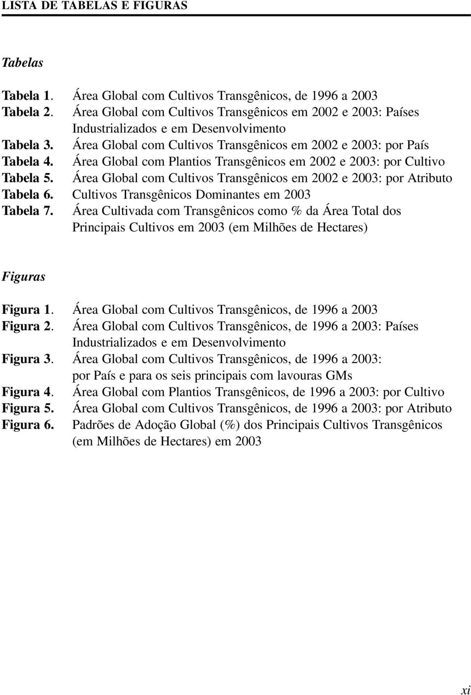 Área Global com Plantios Transgênicos em 2002 e 2003: por Cultivo Tabela 5. Área Global com Cultivos Transgênicos em 2002 e 2003: por Atributo Tabela 6.