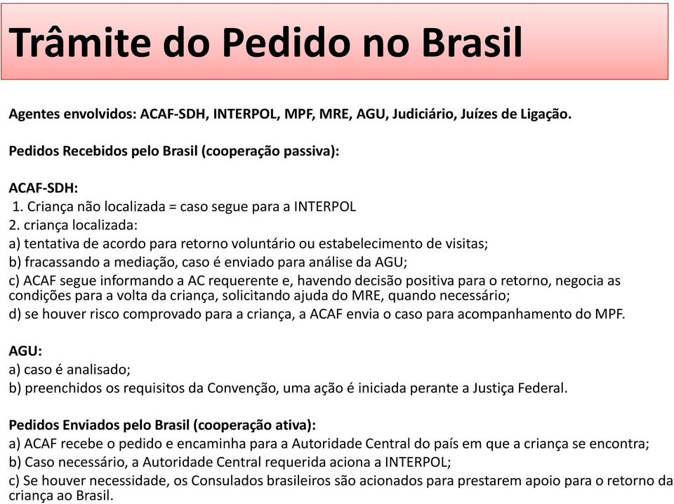 criança localizada: a) tentativa de acordo para retorno voluntário ou estabelecimento de visitas; b) fracassando a mediação, caso é enviado para análise da AGU; c) ACAF segue informando a AC