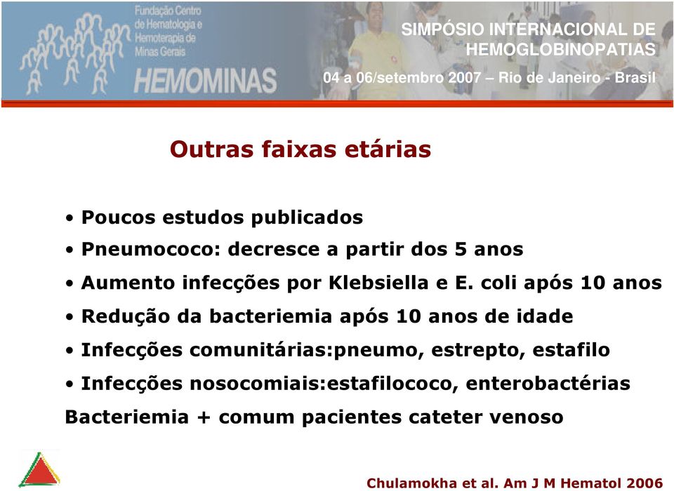 coli após 10 anos Redução da bacteriemia após 10 anos de idade Infecções comunitárias:pneumo,