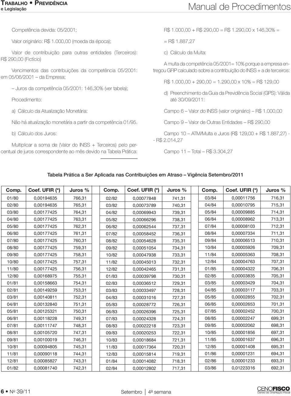 competência 05/2001: 146,30 (ver tabela); Procedimento: a) Cálculo da Atualização Monetária: Não há atualização monetária a partir da competência 01/95.