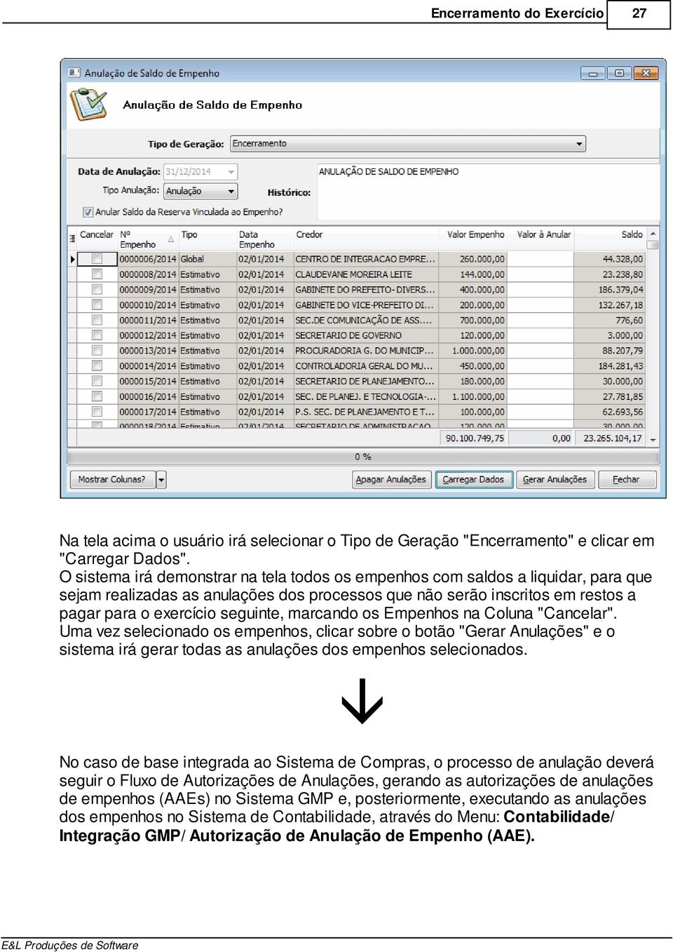 marcando os Empenhos na Coluna "Cancelar". Uma vez selecionado os empenhos, clicar sobre o botão "Gerar Anulações" e o sistema irá gerar todas as anulações dos empenhos selecionados.