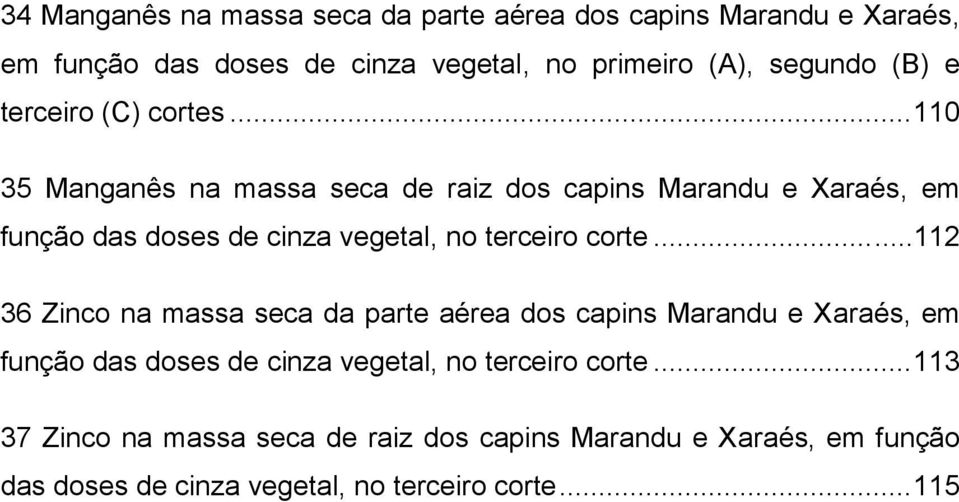 .. 110 35 Manganês na massa seca de raiz dos capins Marandu e Xaraés, em função das doses de cinza vegetal, no terceiro corte.