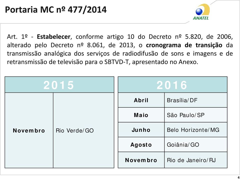 061, de 2013, o cronograma de transição da transmissão analógica dos serviços de radiodifusão de sons e