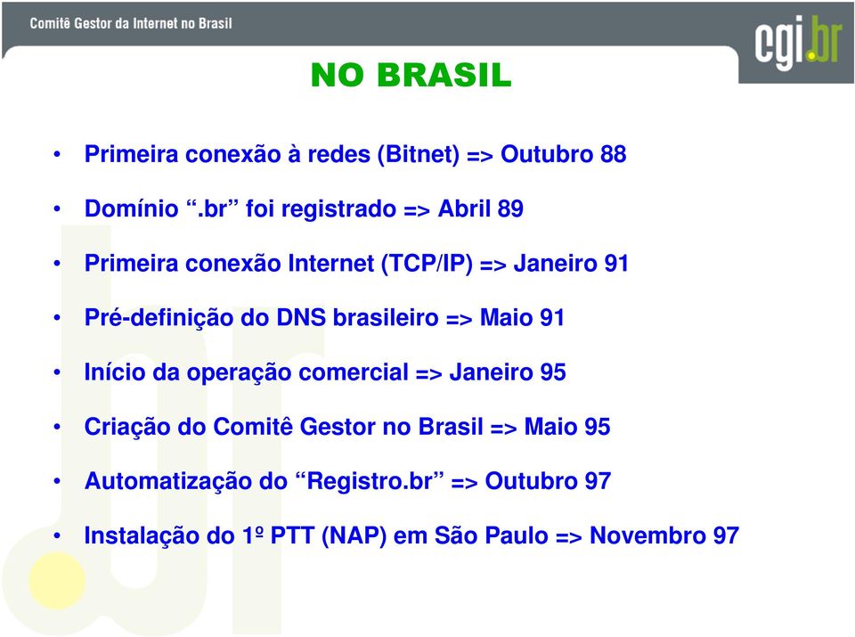 do DNS brasileiro => Maio 91 Início da operação comercial => Janeiro 95 Criação do Comitê
