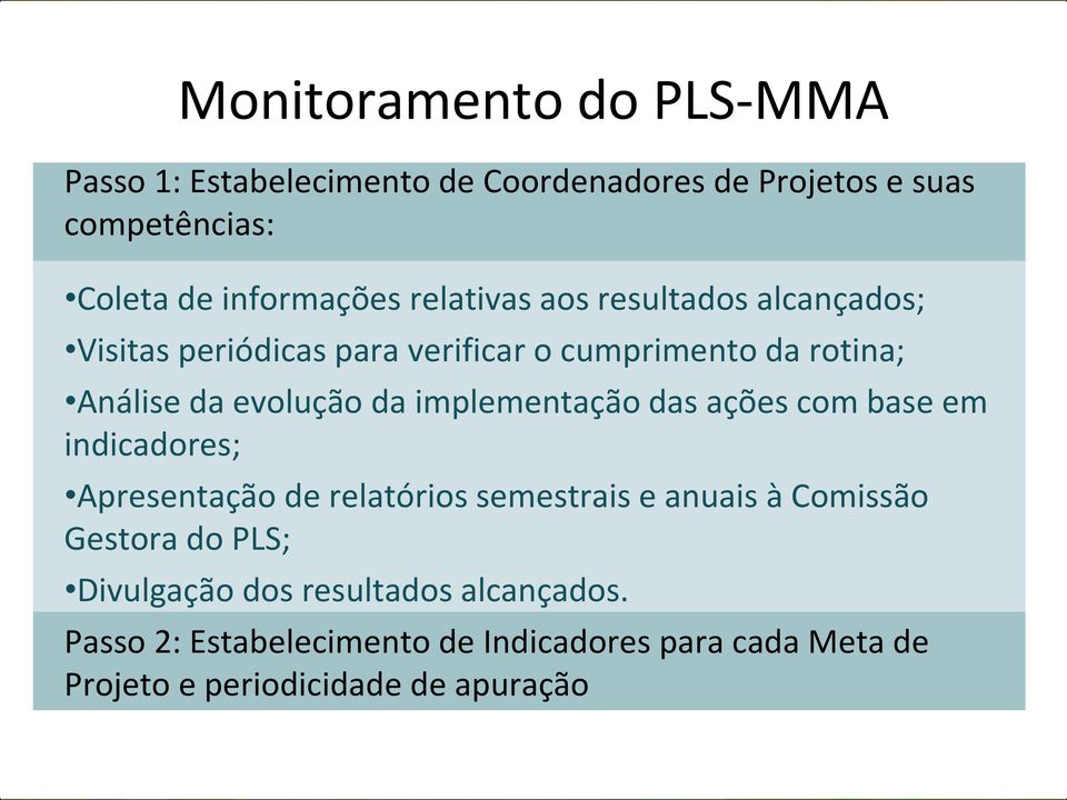 implementação das ações com base em indicadores; Apresentação de relatórios semestrais e anuais à Comissão Gestora do PLS;