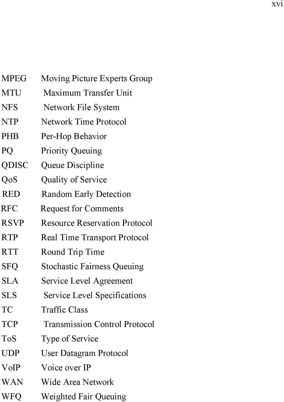 Time Transport Protocol RTT Round Trip Time SFQ Stochastic Fairness Queuing SLA Service Level Agreement SLS Service Level Specifications TC Traffic