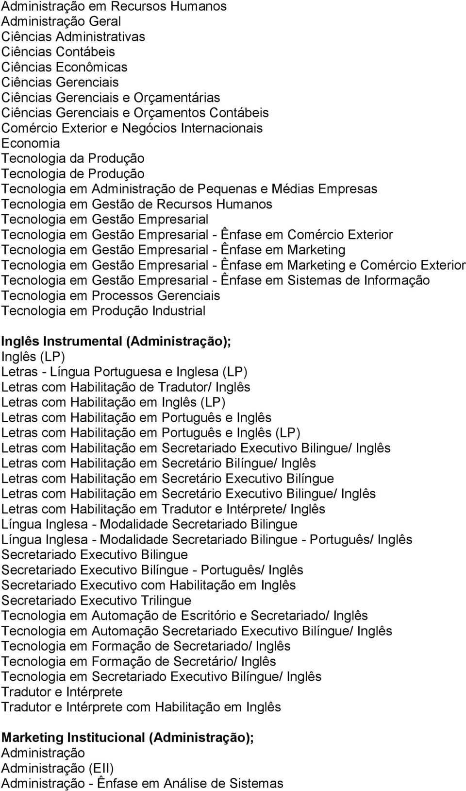 Produção Industrial Inglês Instrumental (); Inglês (LP) Letras - Língua Portuguesa e Inglesa (LP) Letras com Habilitação de Tradutor/ Inglês Letras com Habilitação em Inglês (LP) Letras com