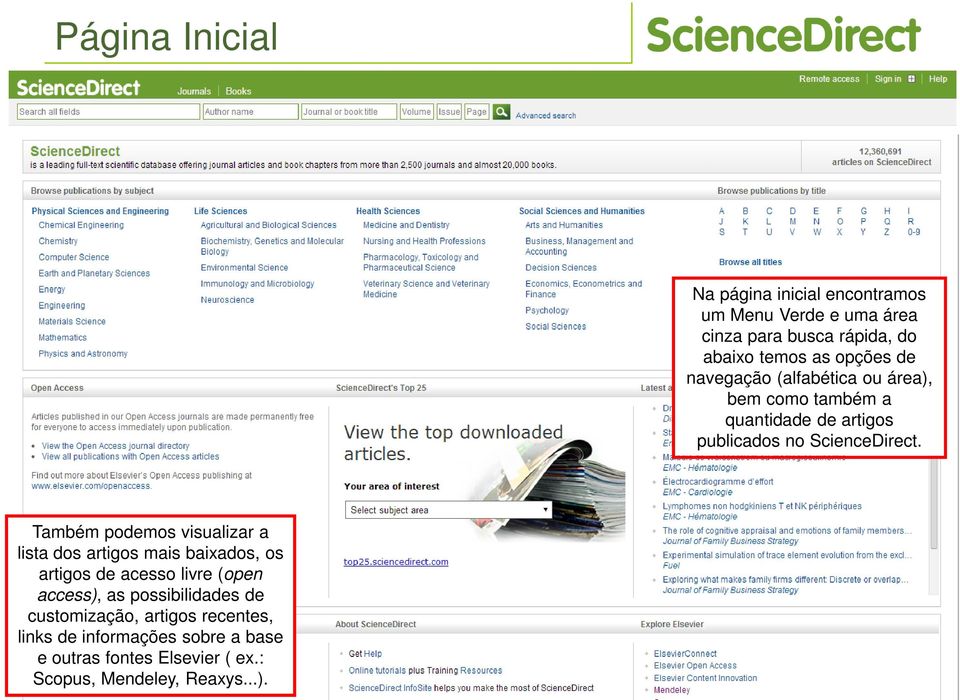 Também podemos visualizar a lista dos artigos mais baixados, os artigos de acesso livre (open access), as