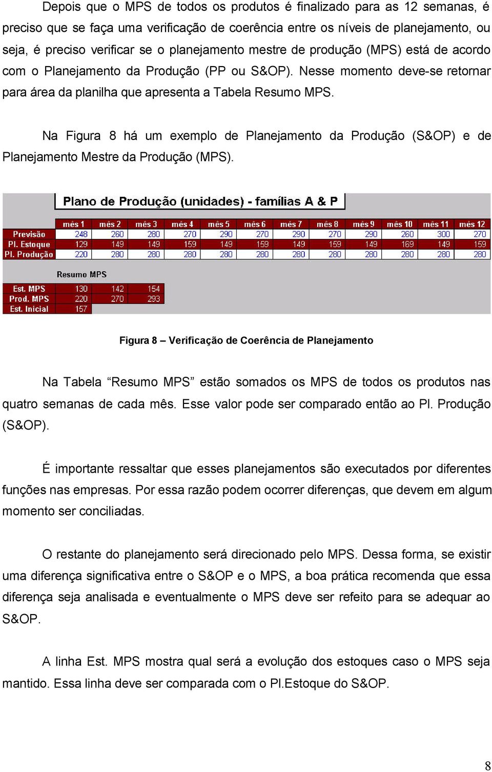 Na Figura 8 há um exemplo de Planejamento da Produção (S&OP) e de Planejamento Mestre da Produção (MPS).