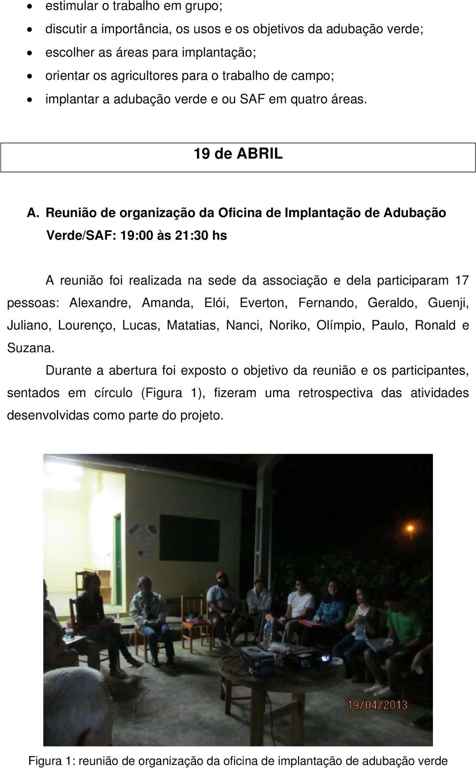 Reunião de organização da Oficina de Implantação de Adubação Verde/SAF: 19:00 às 21:30 hs A reunião foi realizada na sede da associação e dela participaram 17 pessoas: Alexandre, Amanda, Elói,