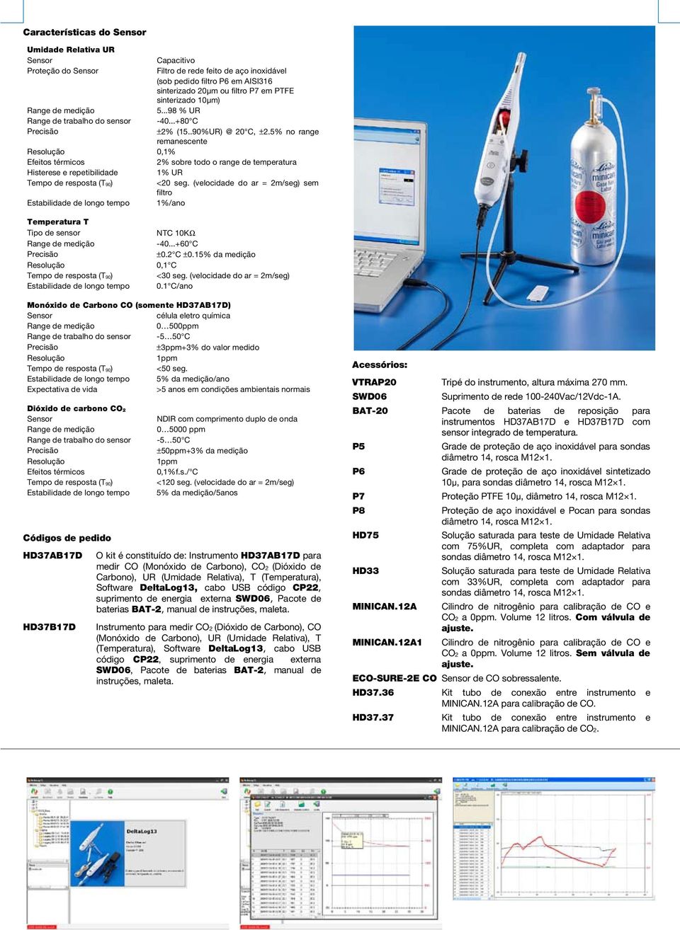 (air speed = 2m/sec) Carbon monoxide CO (only HD37AB17D) filtro Estabilidade de longo tempo 1%/ano Temperatura T Tipo de sensor NTC 10KΩ Accuracy Range de medição -40...+60 C Resolution Precisão ±0.