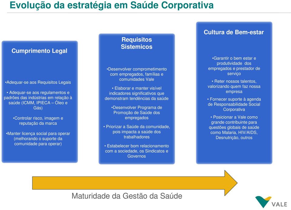 famílias e comunidades Vale Elaborar e manter visível indicadores significativos que demonstram tendências da saúde Desenvolver Programa de Promoção de Saúde dos empregados Priorizar a Saúde da