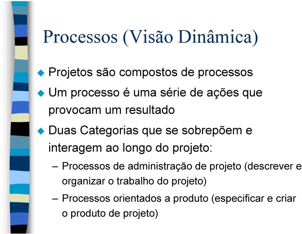 longo do projeto: Processos de administração de projeto (descrever e organizar o