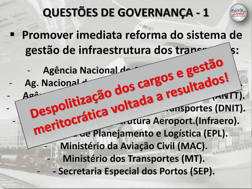 - Deptº Nac. de Infraestrutura de Transportes (DNIT). - Emp. Bras. de Infraestrutura Aeroport.(Infraero).