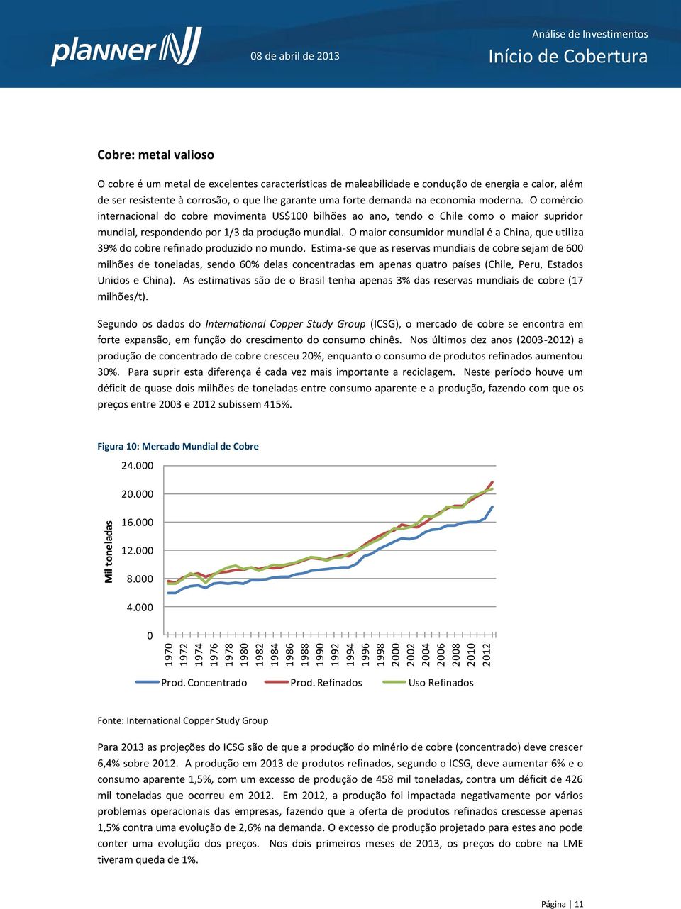 O comércio internacional do cobre movimenta US$100 bilhões ao ano, tendo o Chile como o maior supridor mundial, respondendo por 1/3 da produção mundial.