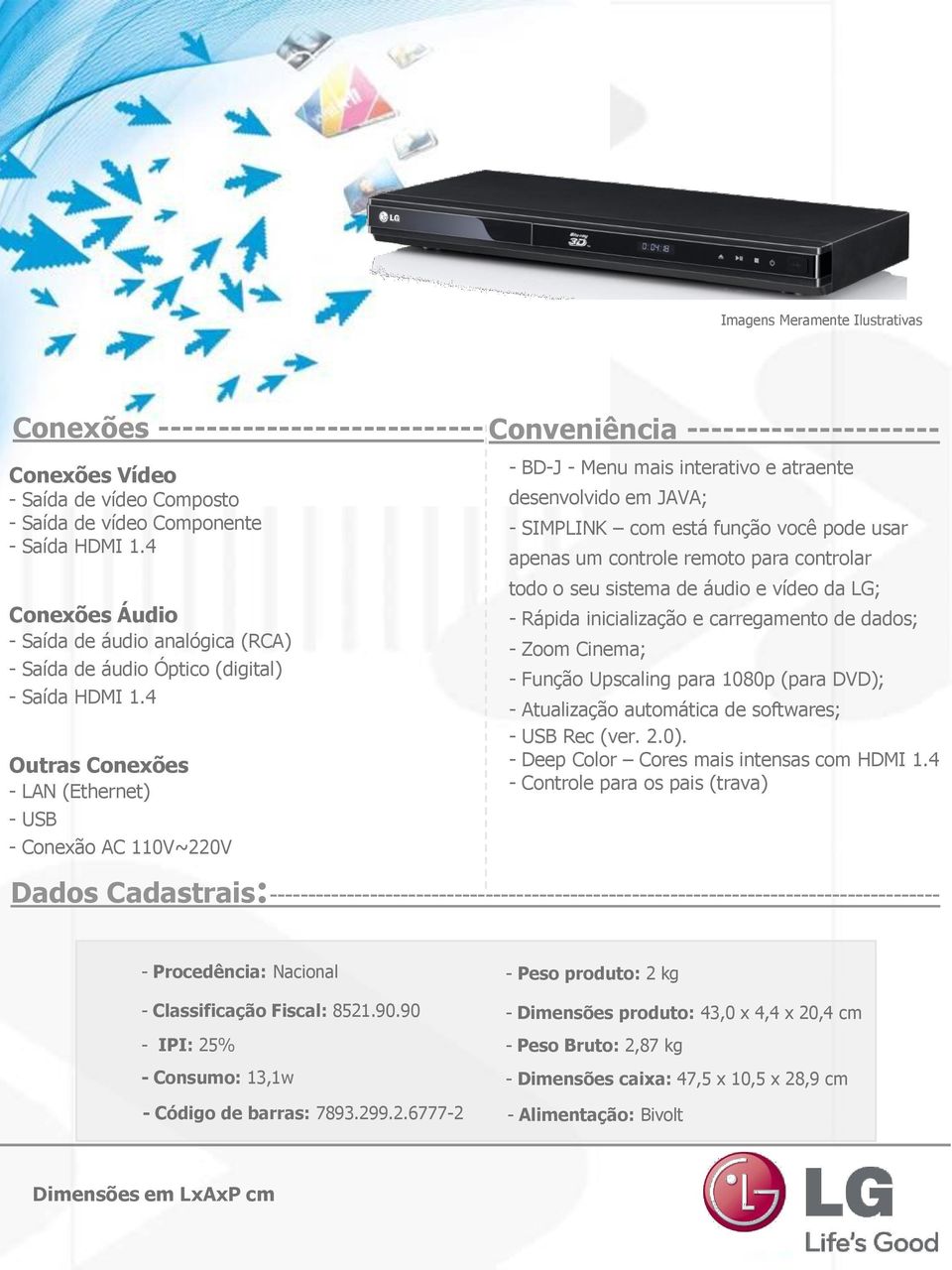 4 Outras Conexões - LAN (Ethernet) - USB - Conexão AC 110V~220V - BD-J - Menu mais interativo e atraente desenvolvido em JAVA; - SIMPLINK com está função você pode usar apenas um controle remoto para