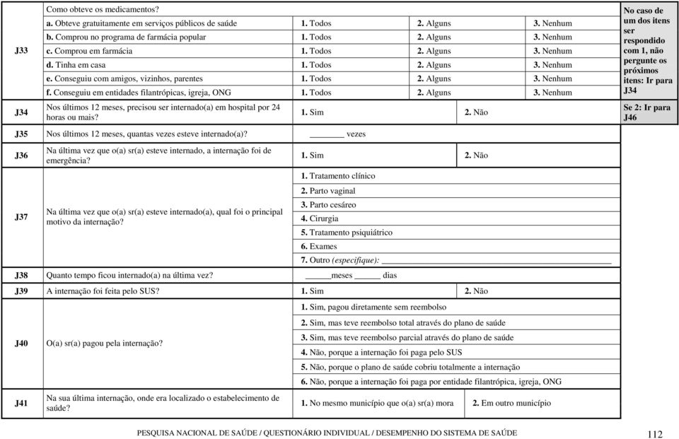 Conseguiu em entidades filantrópicas, igreja, ONG 1. Todos 2. Alguns 3. Nenhum Nos últimos 12 meses, precisou ser internado(a) em hospital por 24 horas ou mais?