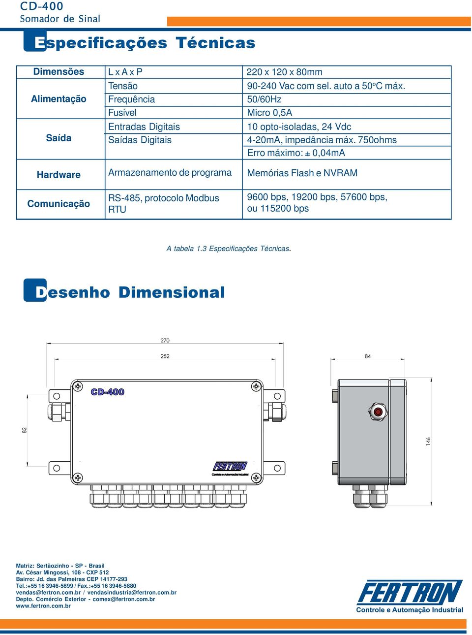 750ohms Erro máximo: + 0,04mA Hardware Comunicação Armazenamento de programa RS-485, protocolo Modbus RTU Memórias Flash e NVRAM 9600 bps, 19200 bps, 57600 bps, ou 115200 bps A tabela 1.