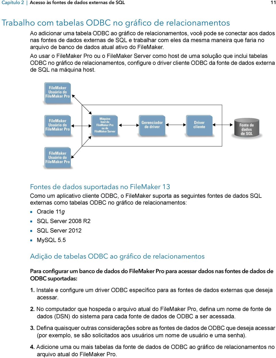 Ao usar o FileMaker Pro ou o FileMaker Server como host de uma solução que inclui tabelas ODBC no gráfico de relacionamentos, configure o driver cliente ODBC da fonte de dados externa de SQL na