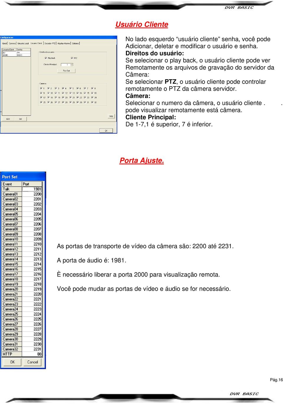 controlar. remotamente o PTZ da câmera servidor. Câmera: Selecionar o numero da câmera, o usuário cliente... pode visualizar remotamente está câmera.