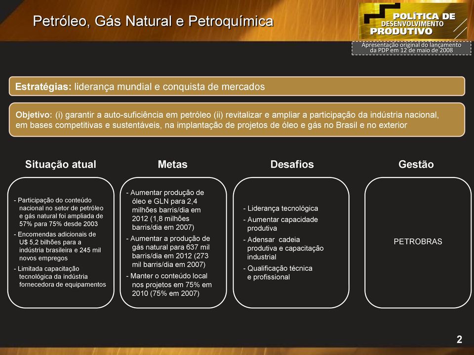 setor de petróleo e gás natural foi ampliada de 57% para 75% desde 2003 - Encomendas adicionais de U$ 5,2 bilhões para a indústria brasileira e 245 mil novos empregos - Limitada capacitação