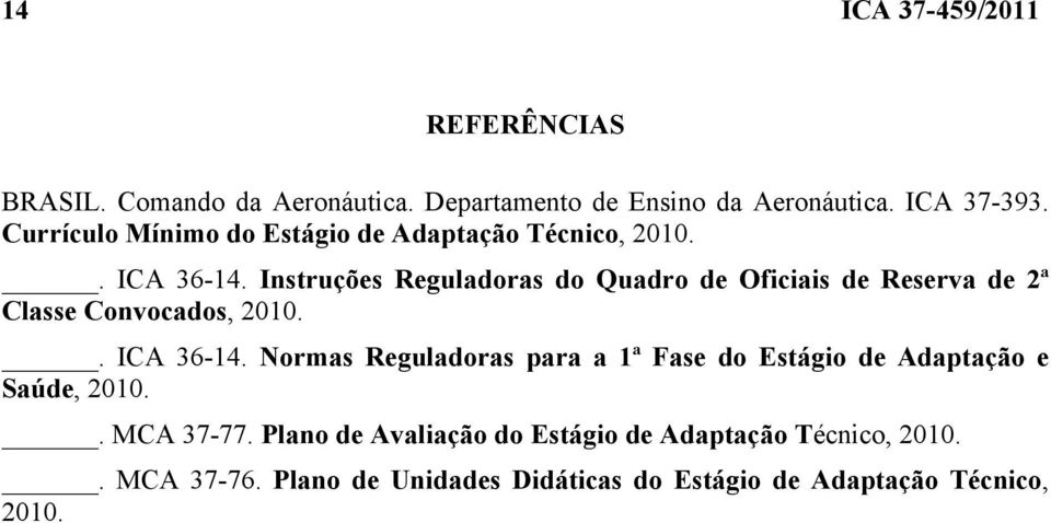 Instruções Reguladoras do Quadro de Oficiais de Reserva de 2ª Classe Convocados, 2010.. ICA 36-14.