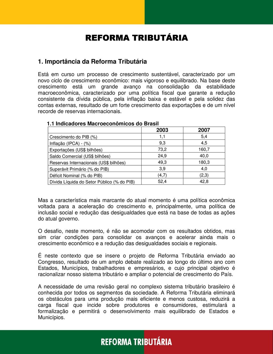 inflação baixa e estável e pela solidez das contas externas, resultado de um forte crescimento das exportações e de um nível recorde de reservas internacionais. 1.