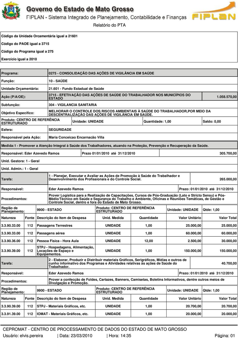 570,00 Objetivo Específico: MELHORAR O CONTROLE DOS RISCOS AMBIENTAIS À SAÚDE DO TRABALHADOR,POR MEIO DA DESCENTRALIZAÇÃO DAS AÇÕES DE VIGILÂNCIA EM SAÚDE.