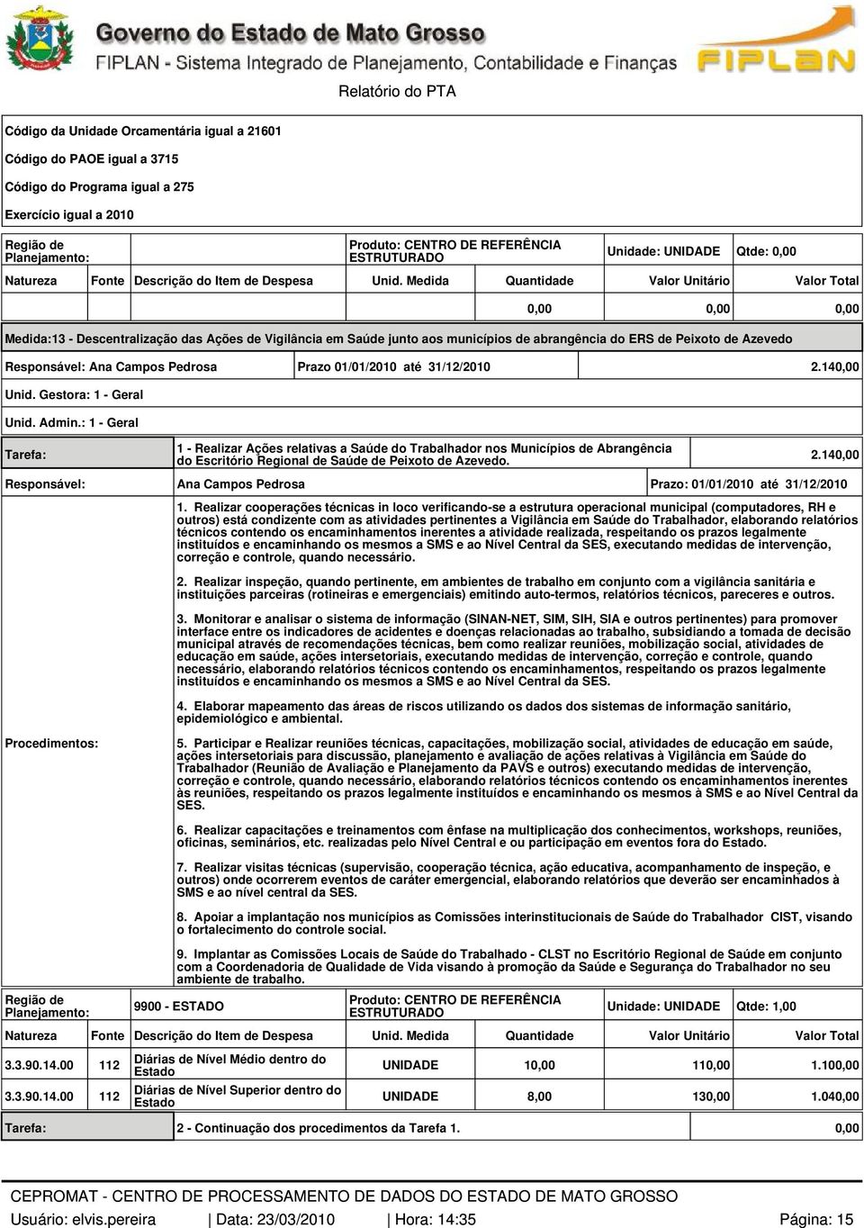 140,00 do Escritório Regional de Saúde de Peixoto de Azevedo. 2.