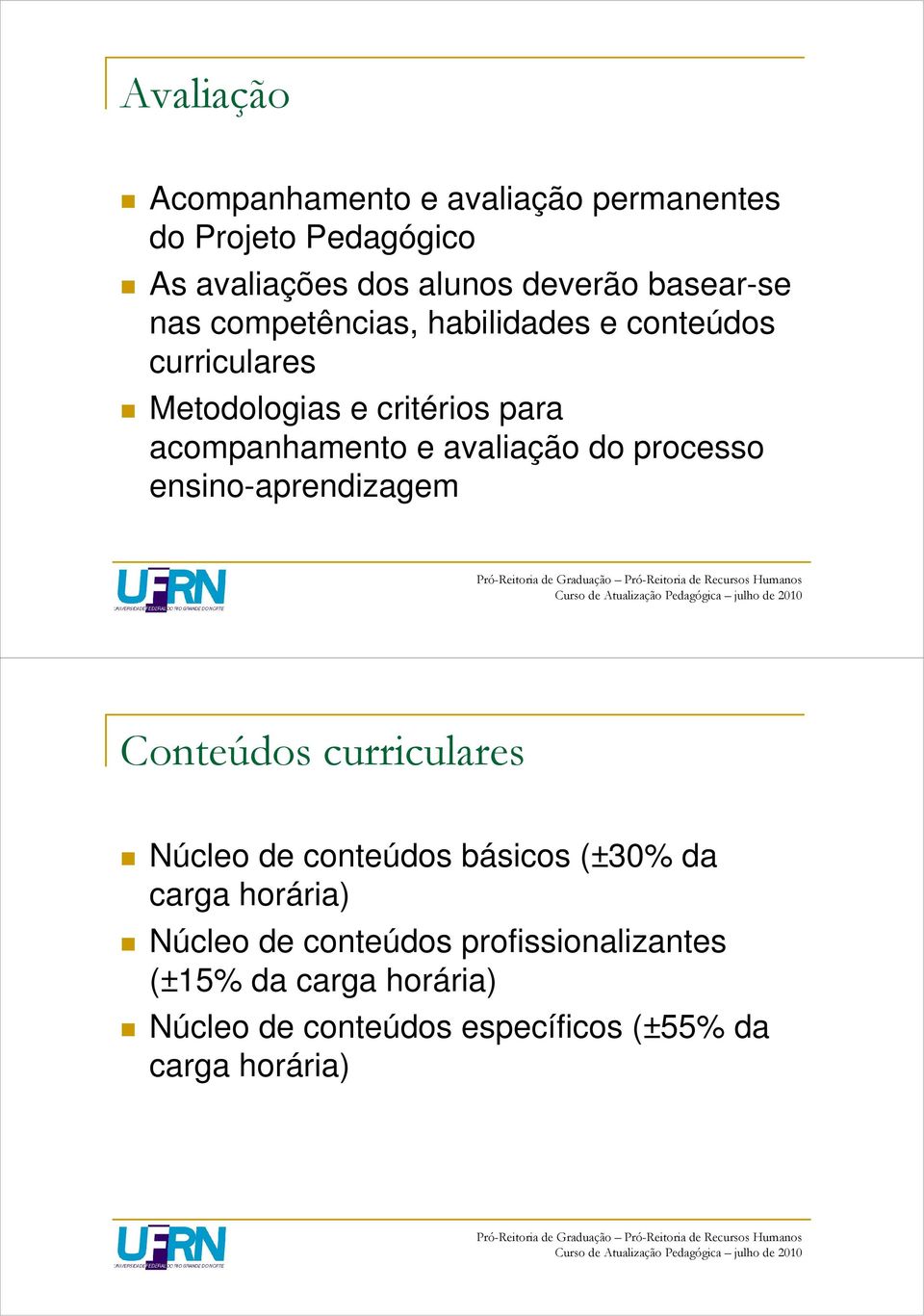 avaliação do processo ensino-aprendizagem Conteúdos curriculares Núcleo de conteúdos básicos (±30% da carga