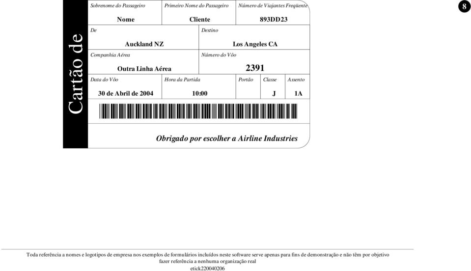 Número do Vôo Outra Linha Aérea 2391 Hora da Classe 30 de Abril de