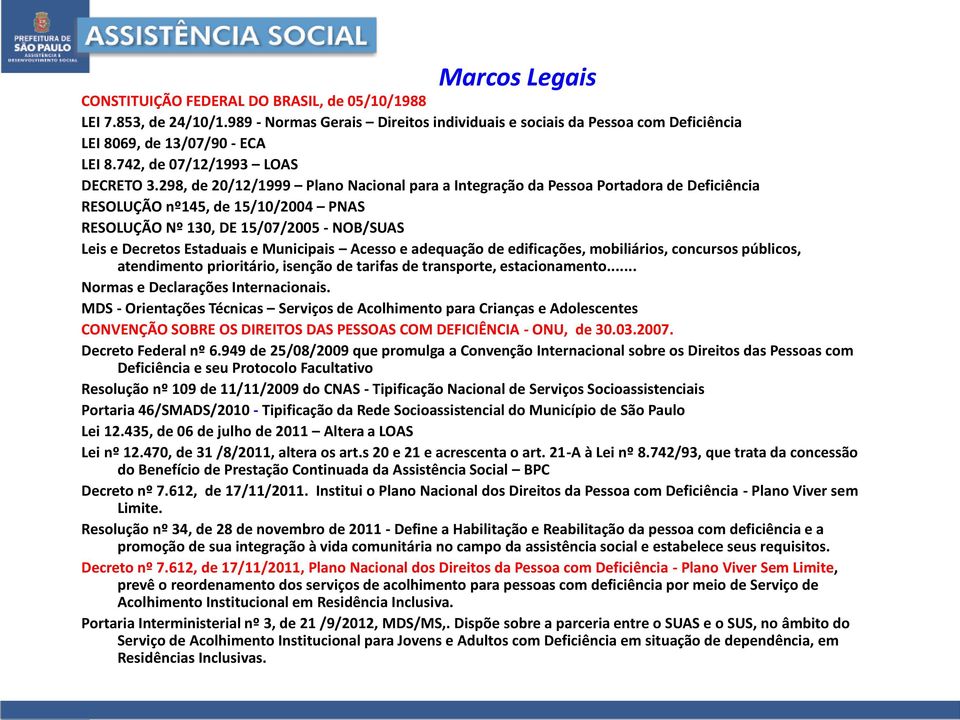 298, de 20/12/1999 Plano Nacional para a Integração da Pessoa Portadora de Deficiência RESOLUÇÃO nº145, de 15/10/2004 PNAS RESOLUÇÃO Nº 130, DE 15/07/2005 - NOB/SUAS Leis e Decretos Estaduais e