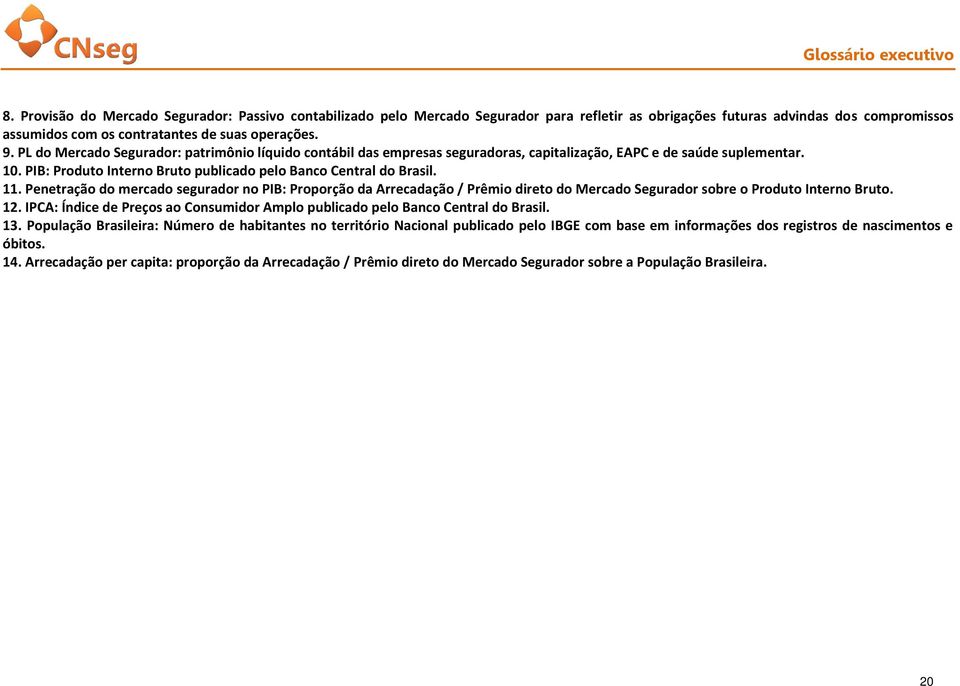 PL do Mercado Segurador: patrimônio líquido contábil das empresas seguradoras, capitalização, EAPC e de saúde suplementar. 1. PIB: Produto Interno Bruto publicado pelo Banco Central do Brasil. 11.