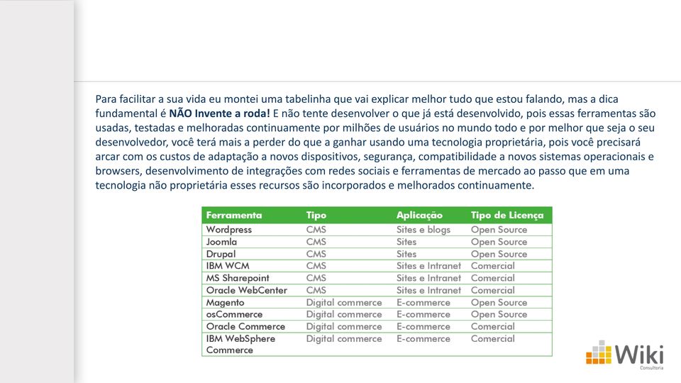 seu desenvolvedor, você terá mais a perder do que a ganhar usando uma tecnologia proprietária, pois você precisará arcar com os custos de adaptação a novos dispositivos, segurança,